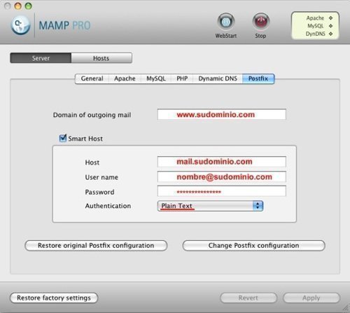 Vista de MAMP Pro - Postfix