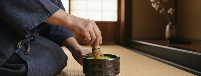 Anfitrión batiendo matcha con un chasen de bambú durante una ceremonia del té japonesa