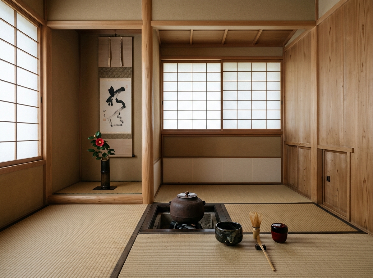 Interior de un chashitsu, sala tradicional para la ceremonia del té japonesa, con tatami y tokonoma